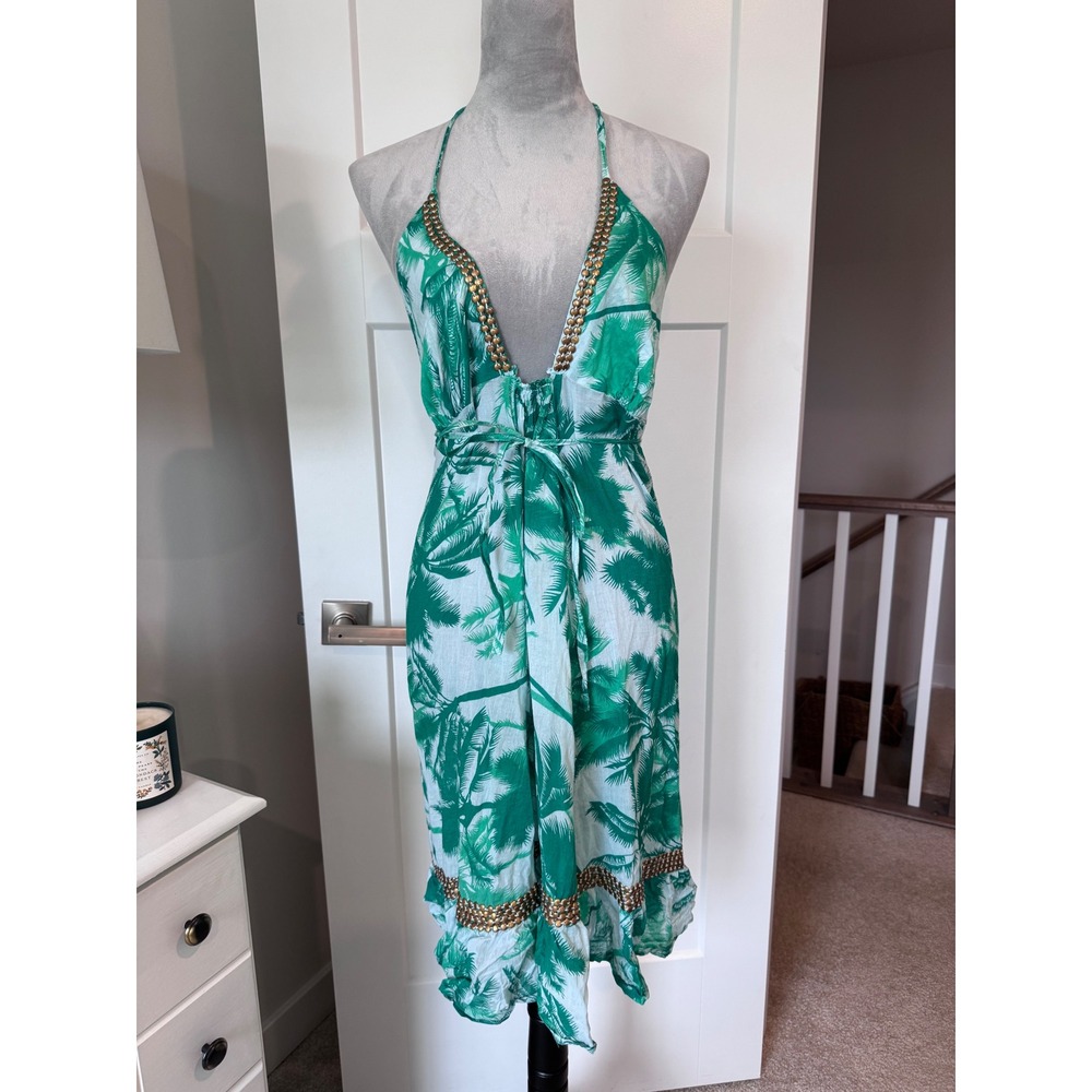 Vix by Paula Hermanny Green Palm Print Beaded Halter wrap Dress Cover Up L